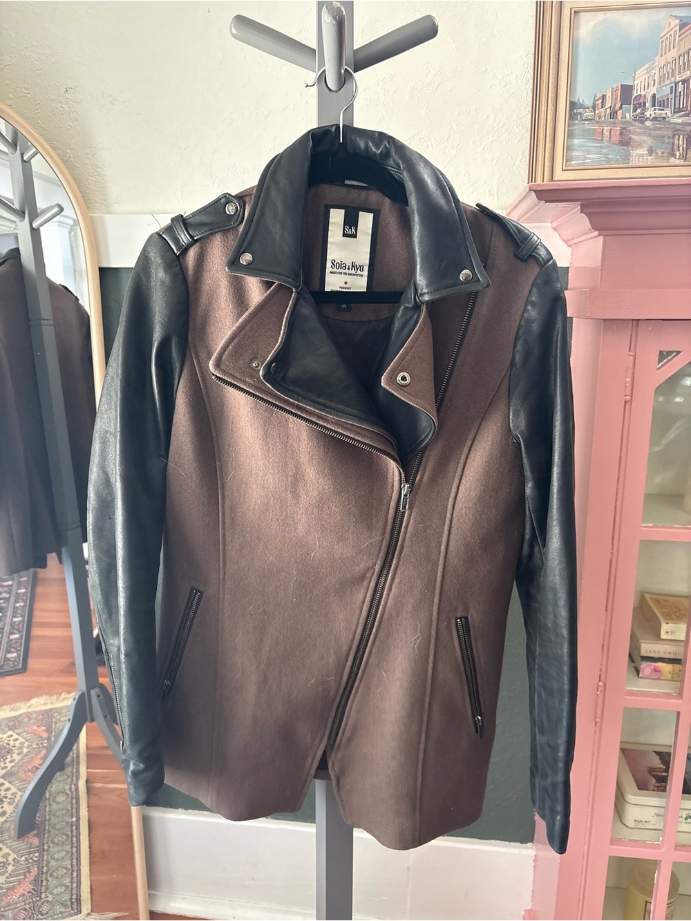 Soia & Kyo Brown Coat with Black Leather Sleeves